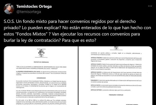 La denuncia de Temístocles Ortega: ¿Se busca burlar la ley con 'Fondos Mixtos' en el Cauca?