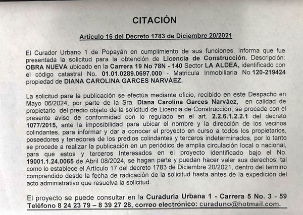 Solicitud de Licencia Urbanística de Construcción para el predio localizado en la carrera 19 No 43N - 140 sector La Aldea, propiedad de Diana Carolina Garces Narváez