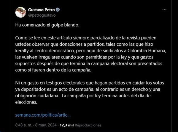 Petro denuncia "golpe blando" y responde a acusaciones sobre financiación irregular de su campaña