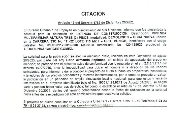 Citación Pública – Solicitud de Licencia de Construcción en Popayán