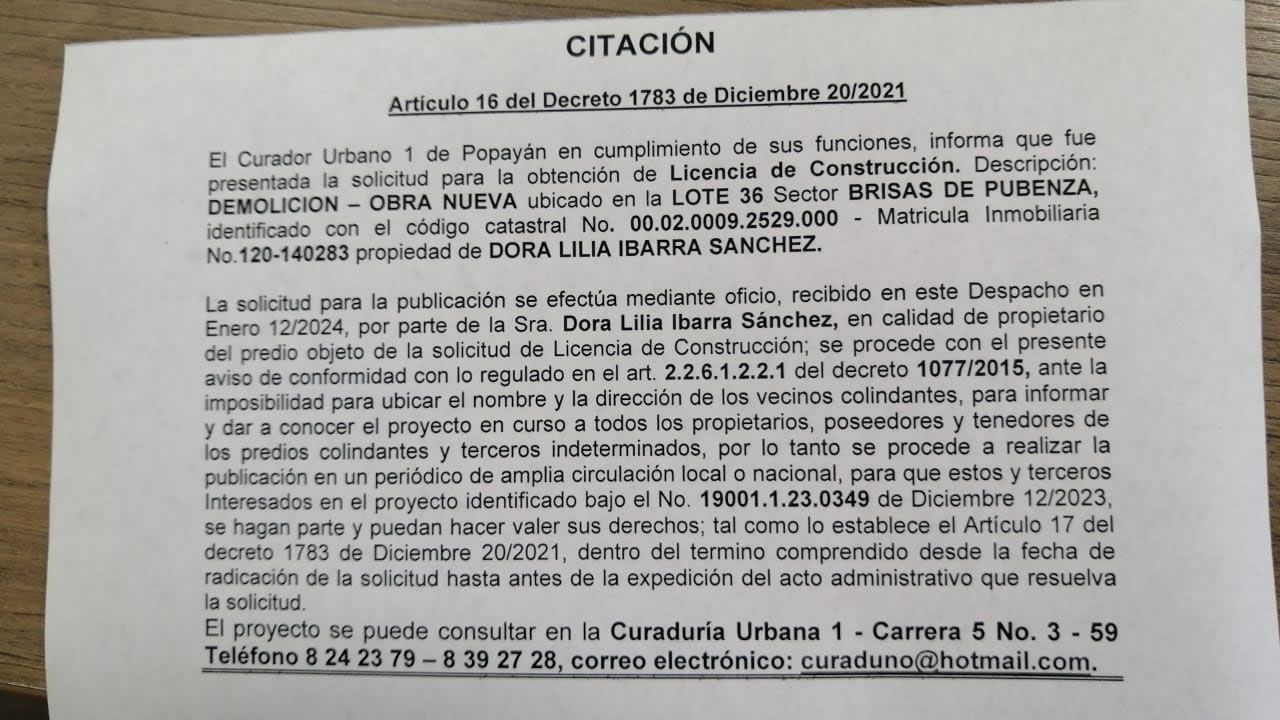 Solicitud de Licencia Urbanística de Construcción ubicada en el LOTE 36, sector Brisas de Pubenza, propiedad de Dora Lilia Ibarra Sánchez.