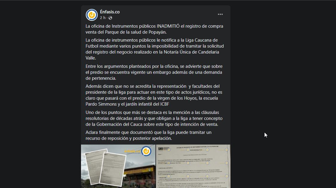 ¡Al Descubierto! Oficina de Instrumentos Públicos rechaza registro de Compra-Venta del Parque de la Salud de Popayán