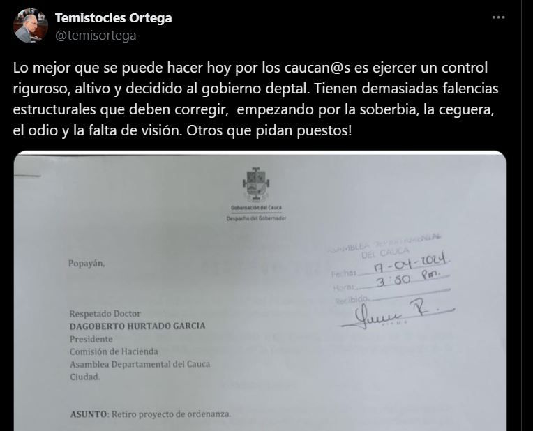Temístocles Ortega: ‘Es hora de enfrentar la soberbia y la ceguera del gobierno departamental’
