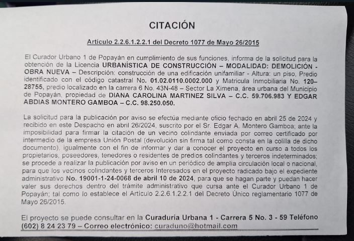 Solicitud de Licencia Urbanística de Construcción para el predio localizado en la carrera 6 No 43N48 sector La Ximena, propiedad de Diana Martinez y Edgar Montero