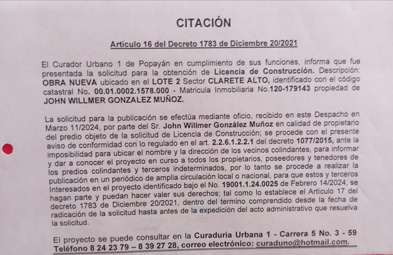 Solicitud de Licencia Urbanística de Construcción para el predio, ubicado en el lote 2 sector Clarete Alto propiedad de John Willmer González Muñoz