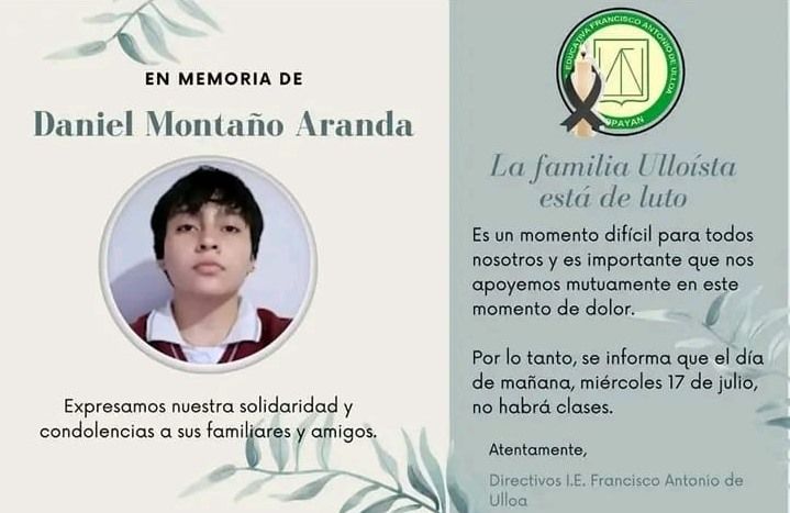 Daniel Montaño, el estudiante que se suicido dentro del colegio Ulloa