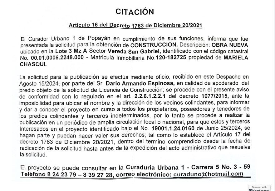 Solicitud de Licencia Urbanística de Construcción para el predio, ubicado en la vereda San Gabriel, propiedad de Mariela Chasqui