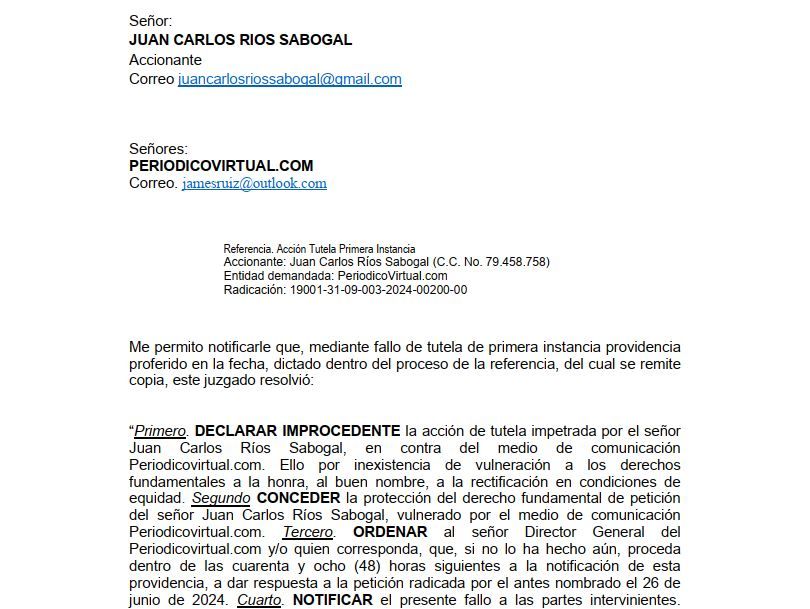 Justicia Colombiana respalda la Libertad de Prensa: Acción de Tutela de Juan Carlos Ríos Contra Periodicovirtual.com No Procede