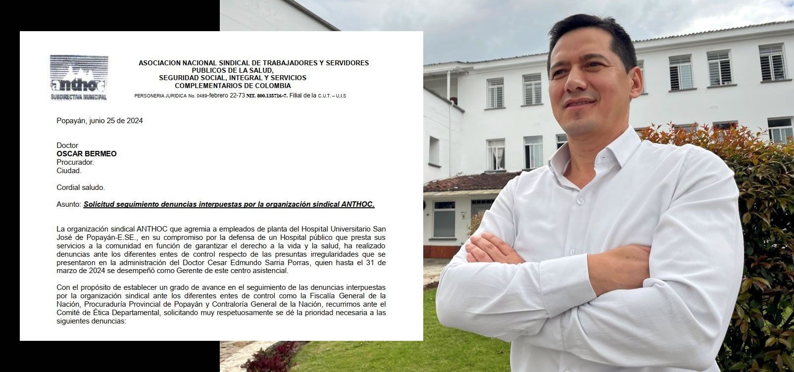 El sindicato ANTHOC denuncia presuntas irregularidades en el Hospital Universitario San José de Popayán bajo la administración de César Sarria