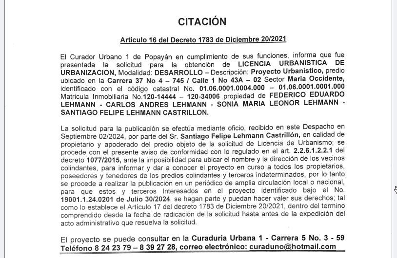 Solicitud de Licencia Urbanística de Construcción para el predio, ubicado en la Maria Occidente, propiedad de Federico Lehman - Carlos Lehman - Sonia Lehman - Santiago Lehman