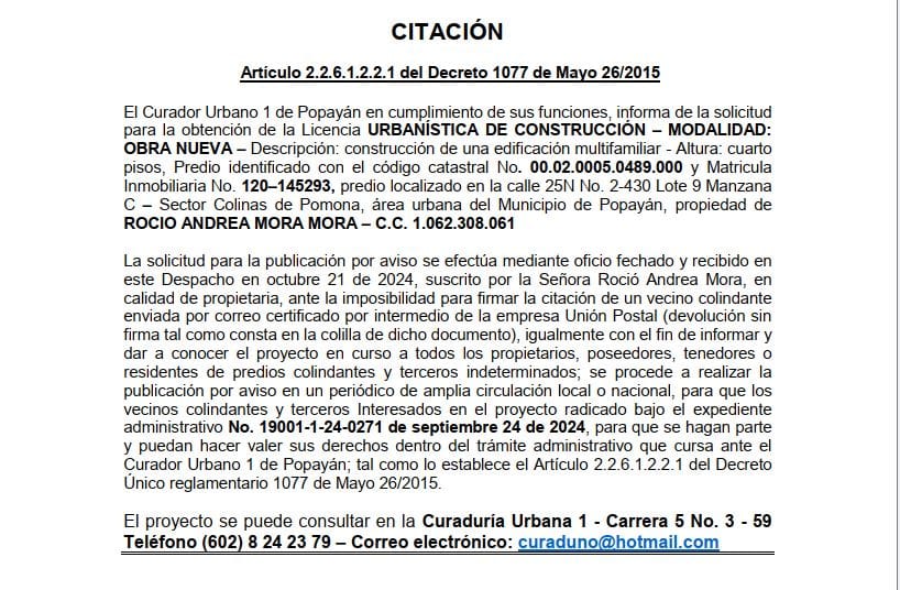 Solicitud de Licencia Urbanística de Construcción para el predio, localizado en la calle 25N No 2-430 lote 9 Manzana C-Sector  Colinas de Pomona