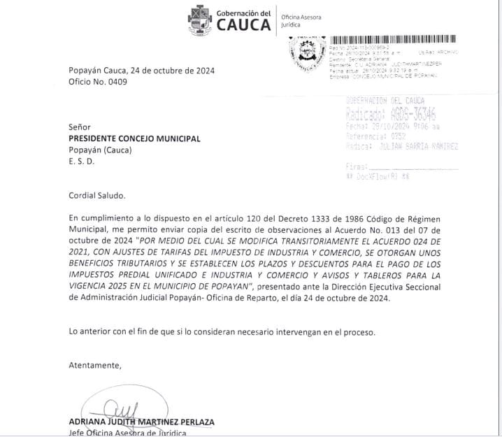 Popayán en disputa por el Acuerdo No. 013: Gobernación del Cauca cuestiona legalidad de los ajustes tributarios del Concejo Municipal