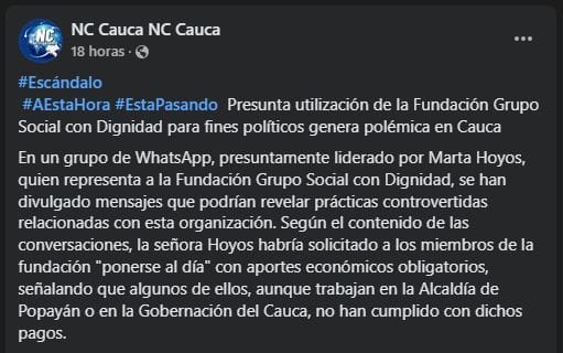 ¿Tienen conocimiento la Gobernación del Cauca y la Alcaldía de Popayán sobre la presunta tercerización y vínculos políticos con la Fundación Grupo Social con Dignidad?