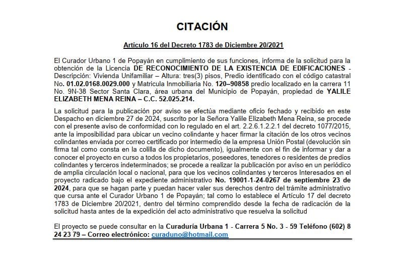 Solicitud de Licencia para Reconocimiento de Edificaciones en el Predio Ubicado en Carrera 11 No. 9N-38, Sector Santa, Propiedad de Yalile Elizabeth Mena Reina