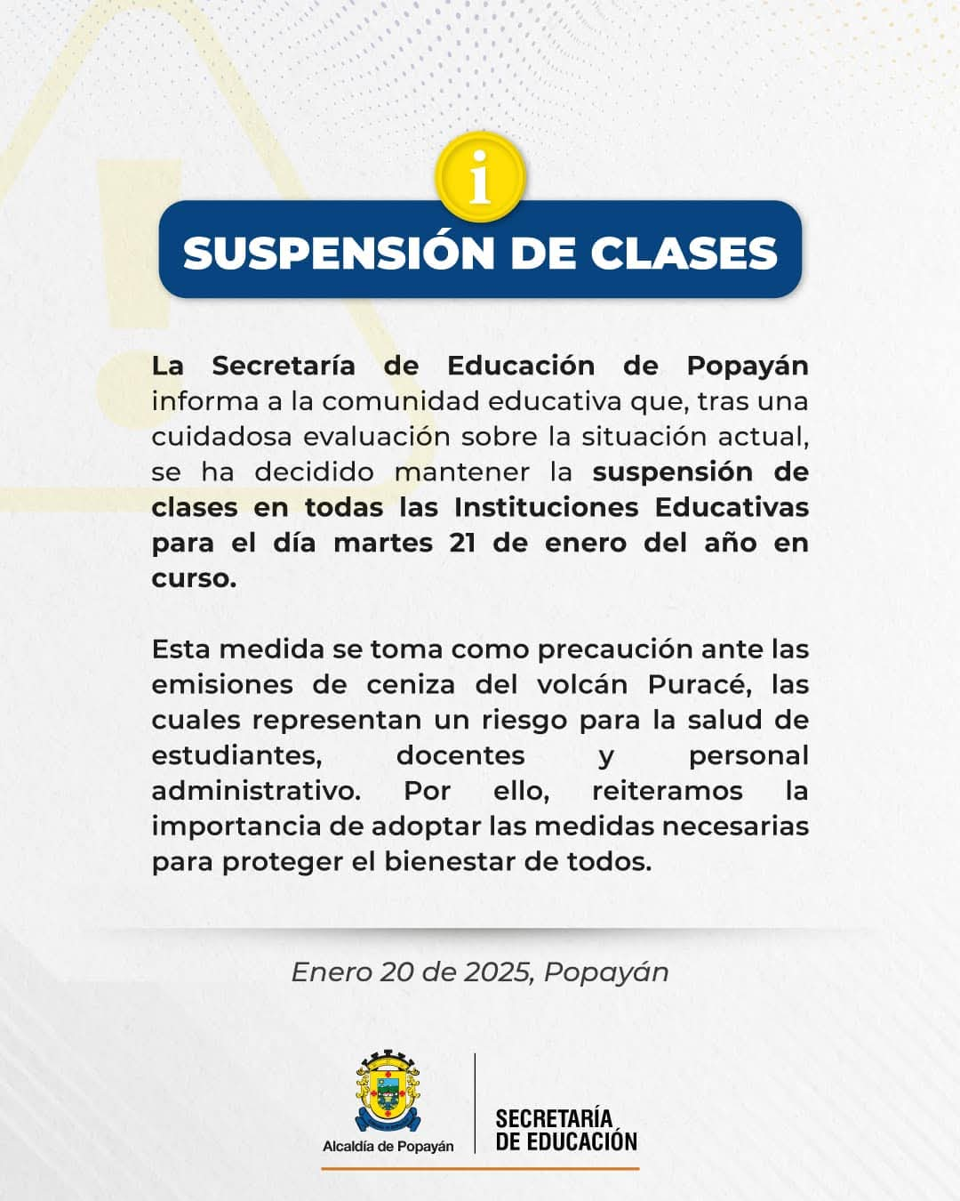 Popayán sigue en alerta: suspensión de clases por emisiones del volcán Puracé