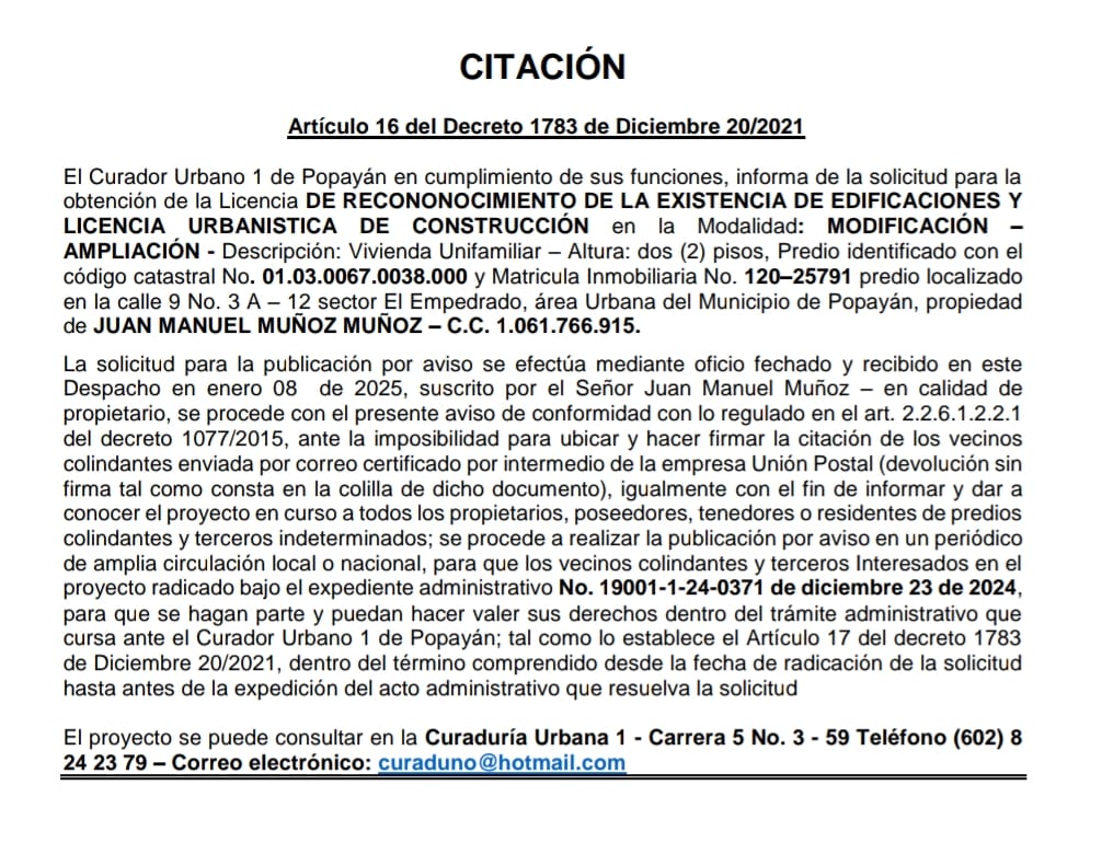 Solicitud de Licencia Urbanística de Construcción para el predio, localizado en la calle 9 Nro 3a-12, propiedad de Juan Manuel Muñoz Muñoz