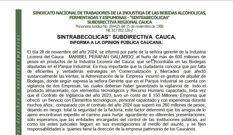 Graves irregularidades sacuden a la Industria Licorera del Cauca: Hurto millonario y denuncias de ineficiencia administrativa