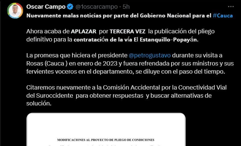 El Gobierno Nacional aplazó por tercera vez la publicación del pliego definitivo para la contratación de la vía El Estanquillo-Popayán