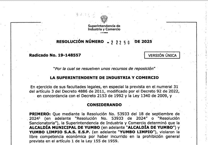 Superindustria ratifica millonaria sanción contra la Alcaldía de Yumbo y Yumbo Limpio por prácticas anticompetitivas