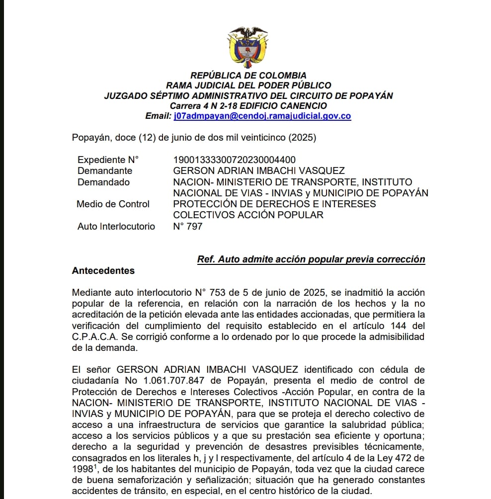 Admitida acción popular contra el Estado por la deficiente semaforización en Popayán