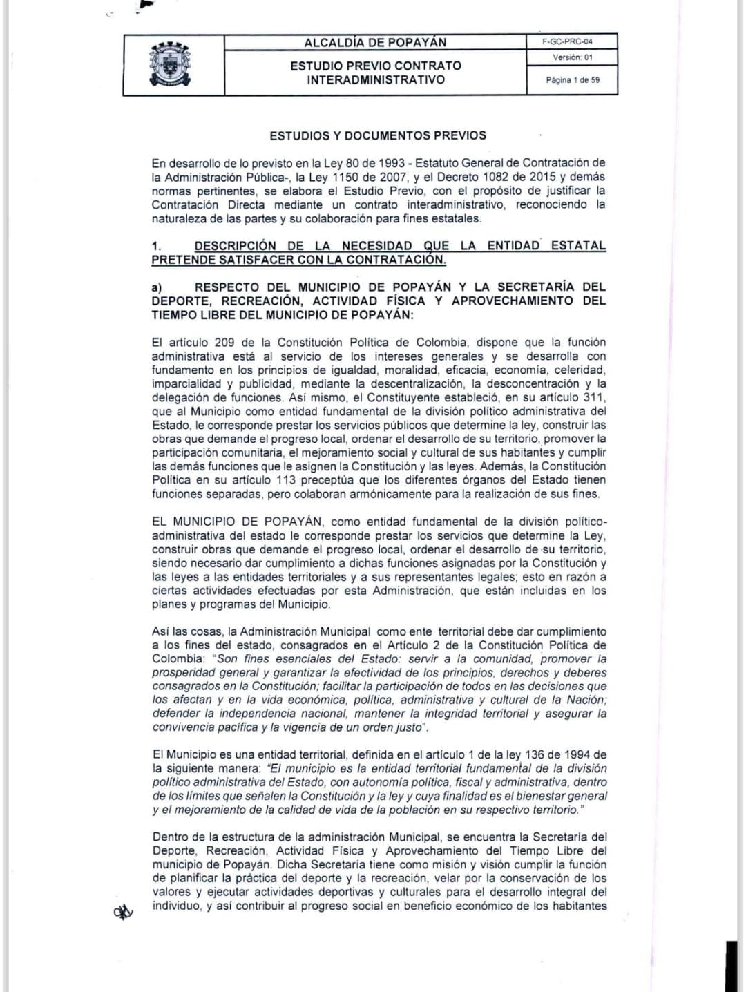 ¡Insólito! Estudio previo de millonario contrato deportivo en Popayán fue firmado por una bióloga y avalado por 12 funcionarios