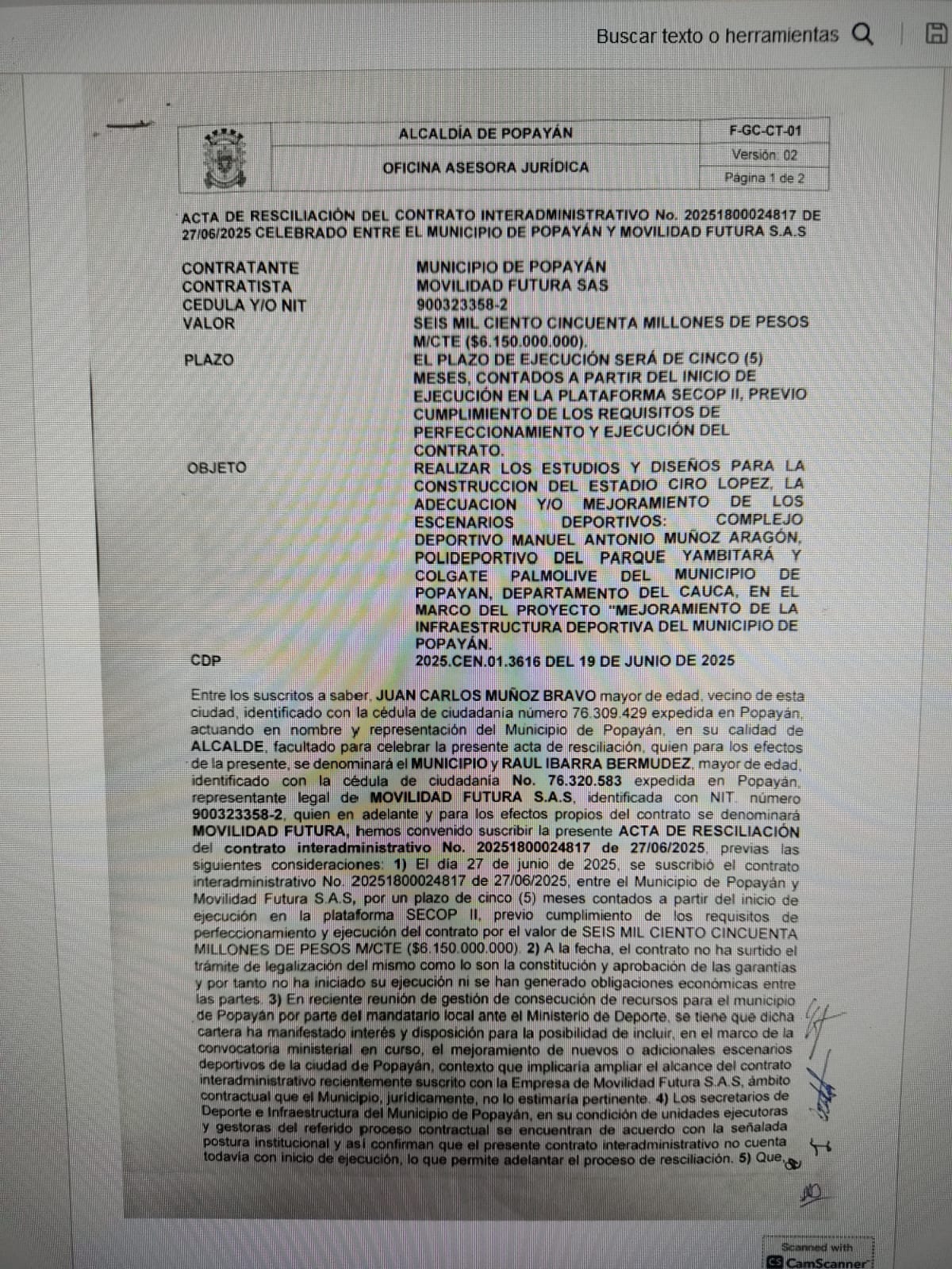 Alcaldía de Popayán rescindió contrato de $6.150 millones con Movilidad Futura por falta de competencia funcional y posible nulidad.