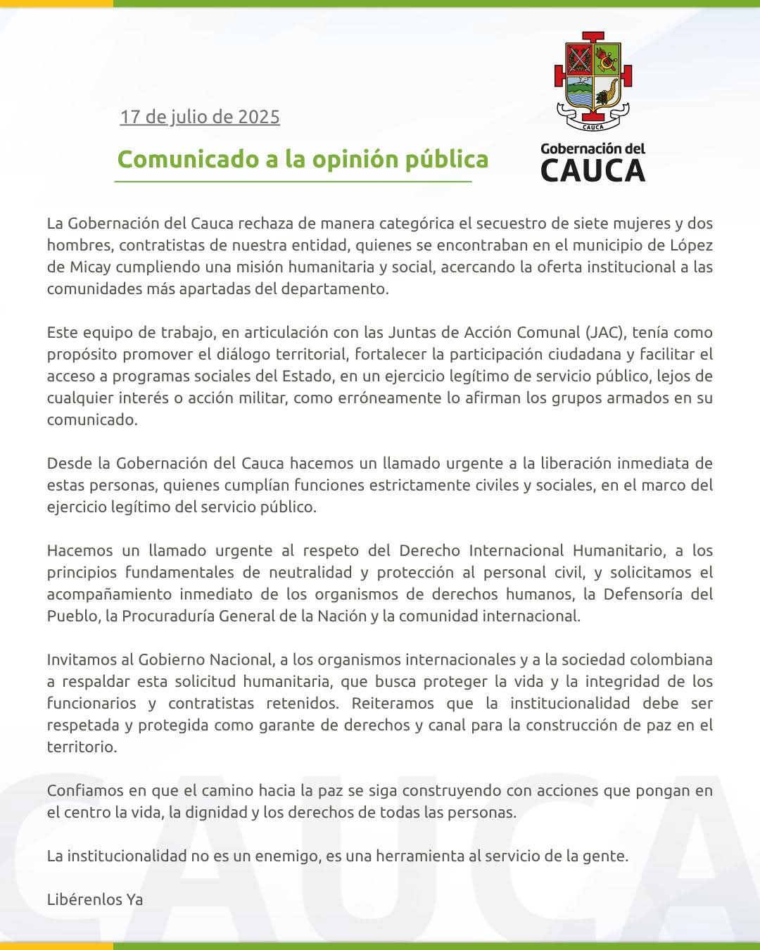 Gobernación del Cauca exige la liberación inmediata de sus funcionarios retenidos por las FARC-EP
