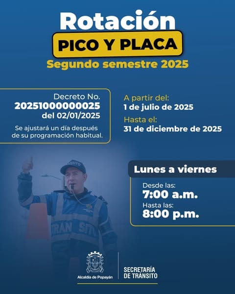Popayán cambia el pico y placa desde el 1 de julio: conozca los nuevos dígitos