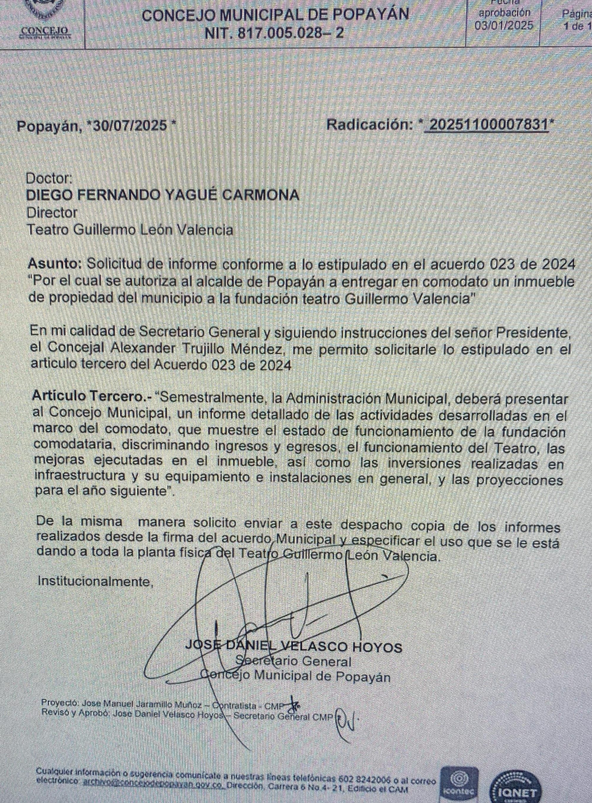 Concejo de Popayán pide informe por supuesto uso indebido del Teatro Guillermo Valencia