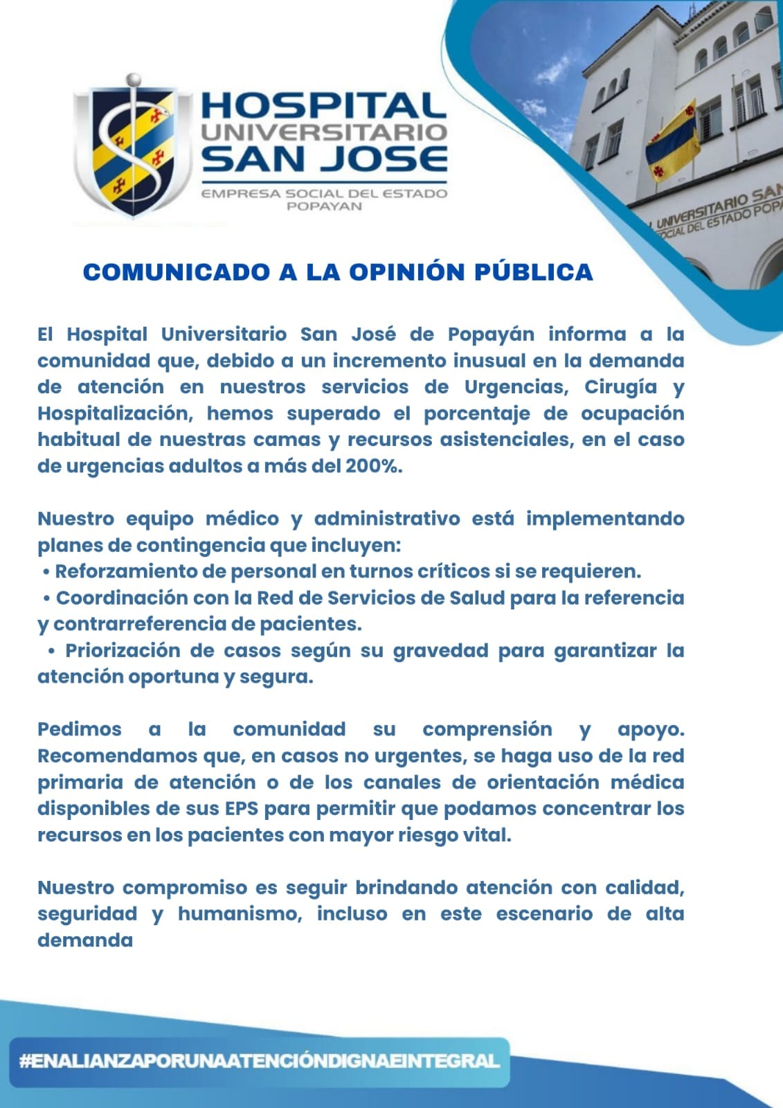 Hospital San José de Popayán activa contingencia tras sobreocupación en urgencias