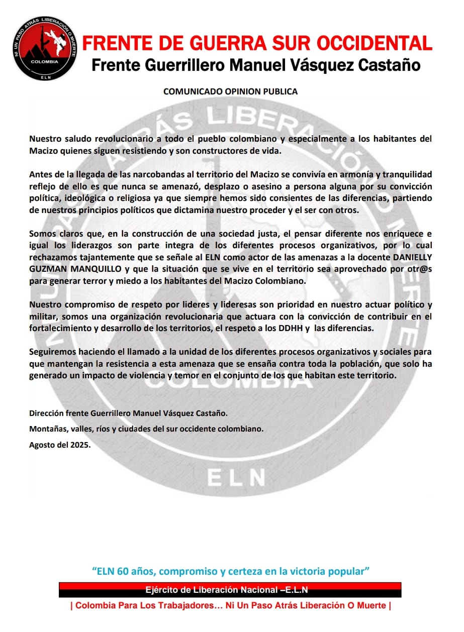 ELN niega amenazas contra docente y llama a la unidad en el Macizo colombiano