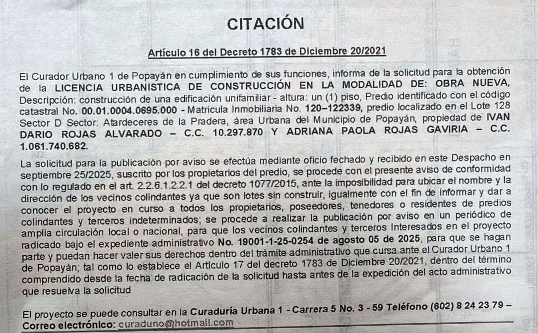Solicitud de licencia urbanística de construcción para el predio localizado en el lote 128 en el sector de Atardeceres de la Pradera, propiedad de Iván Darío Rojas Alvarado y Adriana Paola Rojas Gaviria