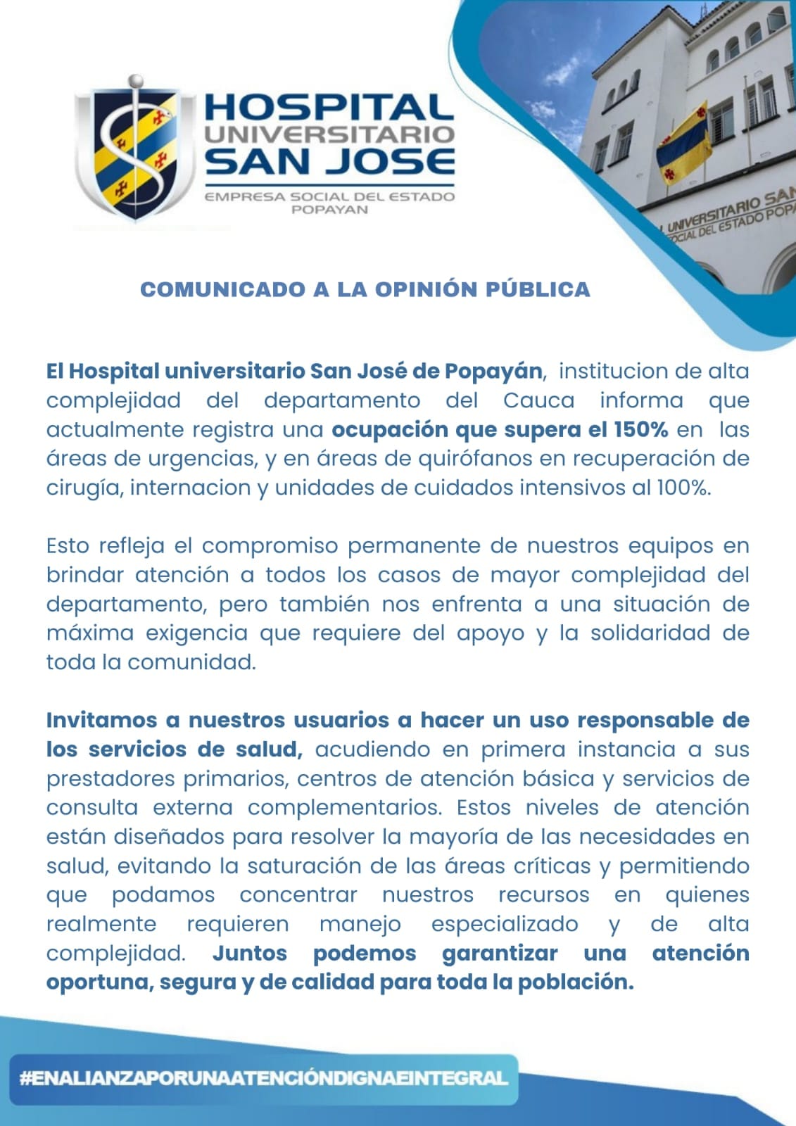 Hospital José de Popayán reporta sobreocupación del 150% en urgencias y 100% en UCI