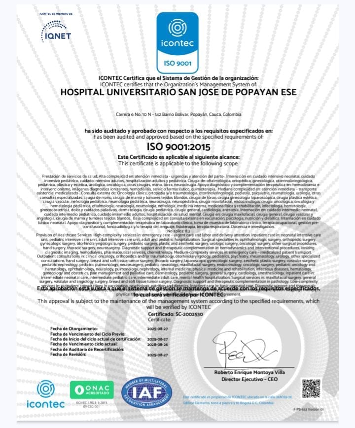 Juan Carlos Arteaga consolida la certificación ISO 9001 en el Hospital Universitario San José de Popayán