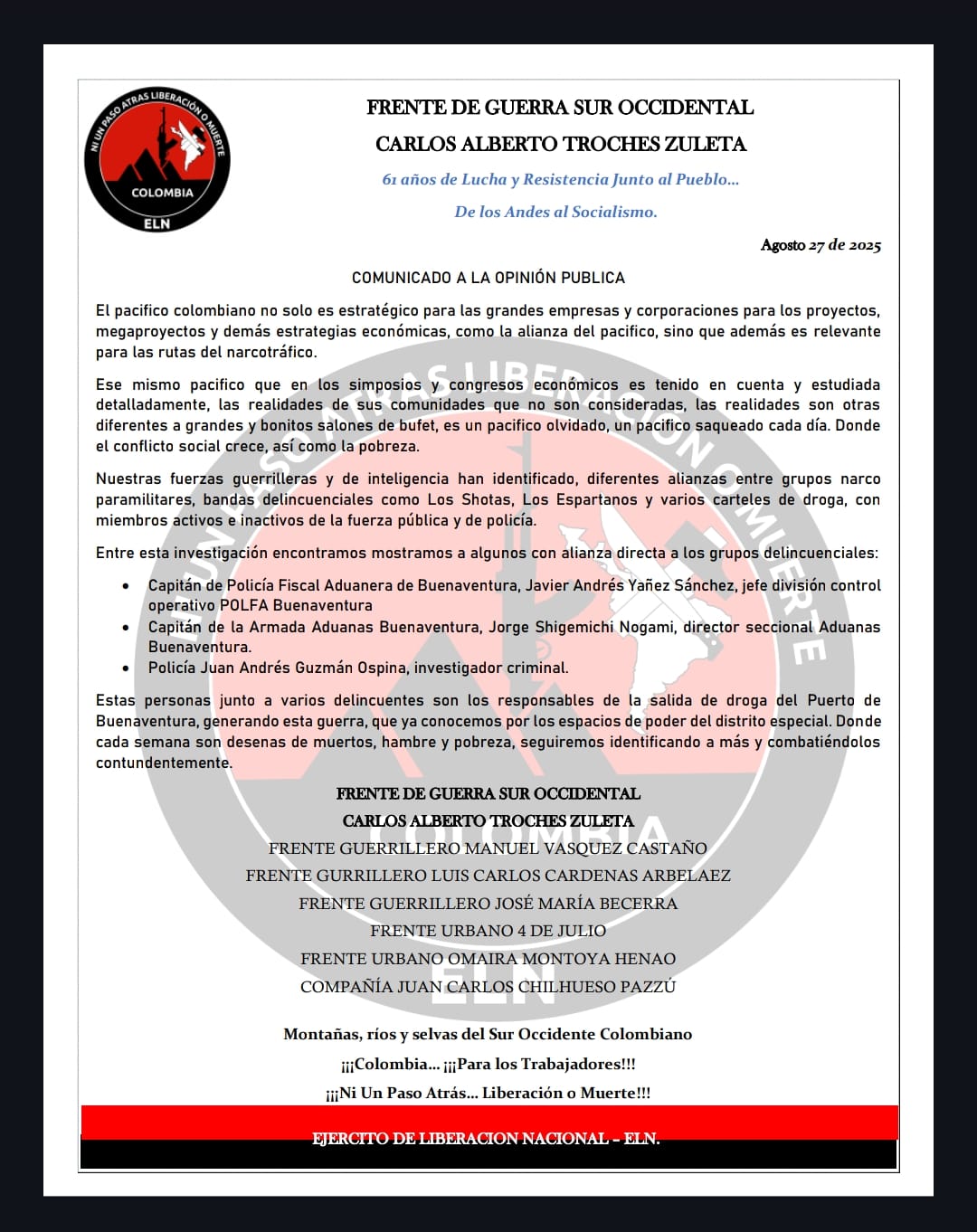 ELN denuncia alianzas narco en Buenaventura en nuevo comunicado