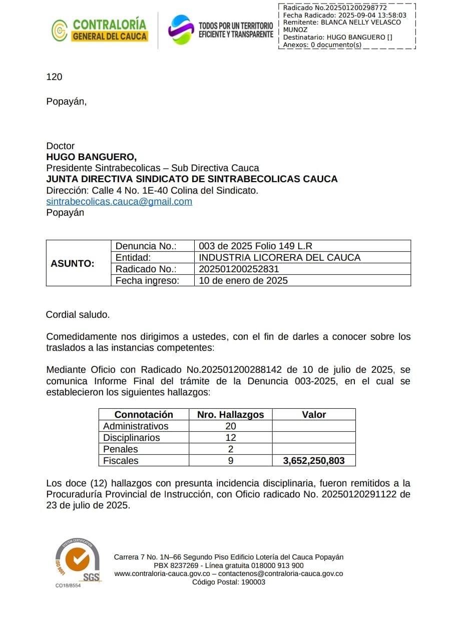 Contraloría del Cauca halla $3.652 millones en presuntos detrimentos en la Licorera: 12 casos a Procuraduría y 2 a Fiscalía