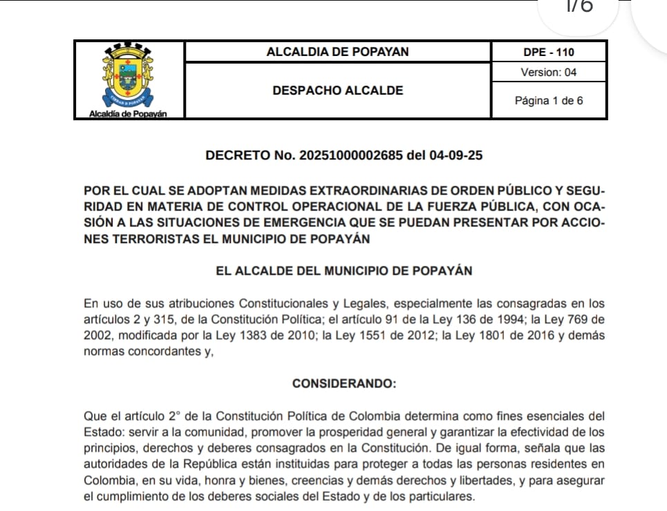 Popayán decreta medidas de orden público por riesgo terrorista: prohibiciones, horarios y excepciones