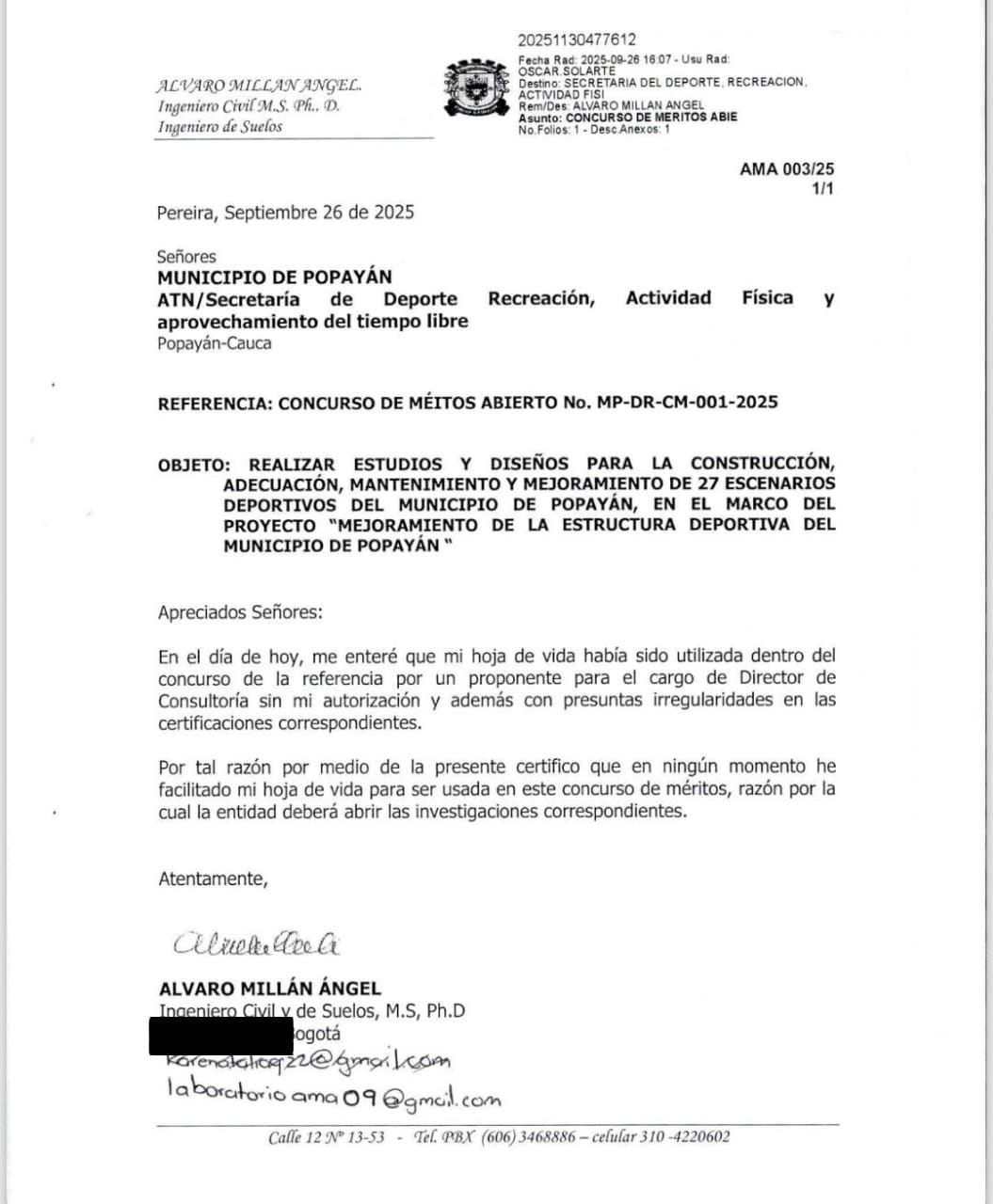 Secretaría de Deporte de Popayán bajo la lupa: denuncian uso irregular de hojas de vida en concurso de méritos