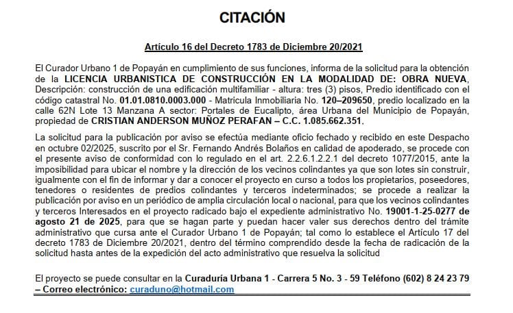 Solicitud de licencia urbanística de construcción para el predio localizado en la calle 62N Lote 13 Manzana A sector: Portales de Eucalipto, propiedad de Cristian Anderson Muñoz Perafan