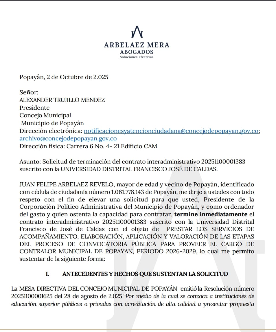 Popayán: proceso para elegir Contralor 2026-2029 en riesgo por presuntas fallas jurídicas en contratación
