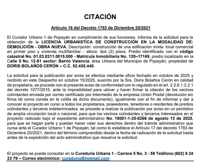 Solicitud de licencia urbanística de construcción para el predio localizado en la calle 15 # 2-81 sector: Barrio Valencia  propiedad de Doris Bolaños Cerón