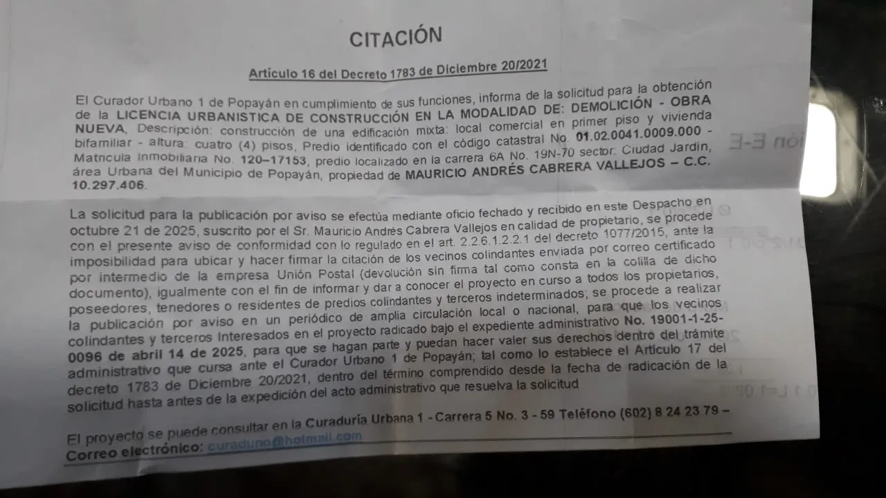 Solicitud de licencia urbanística de construcción para el predio localizado en la carrera 6A No 19N-70 sector Ciudad Jardín propiedad de Mauricio Andrés Cabrera