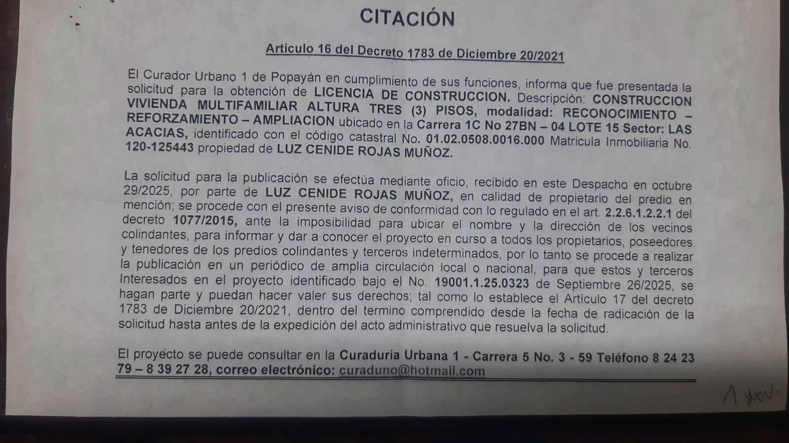 Solicitud de licencia urbanística de construcción para el predio localizado en la carrera 1C No 27BN-04 sector las acacias  propiedad de Luz Cenide Rojas Muñoz