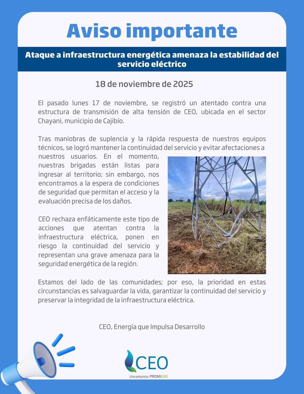 Ataque a infraestructura energética afecta la estabilidad del servicio eléctrico en Cajibío