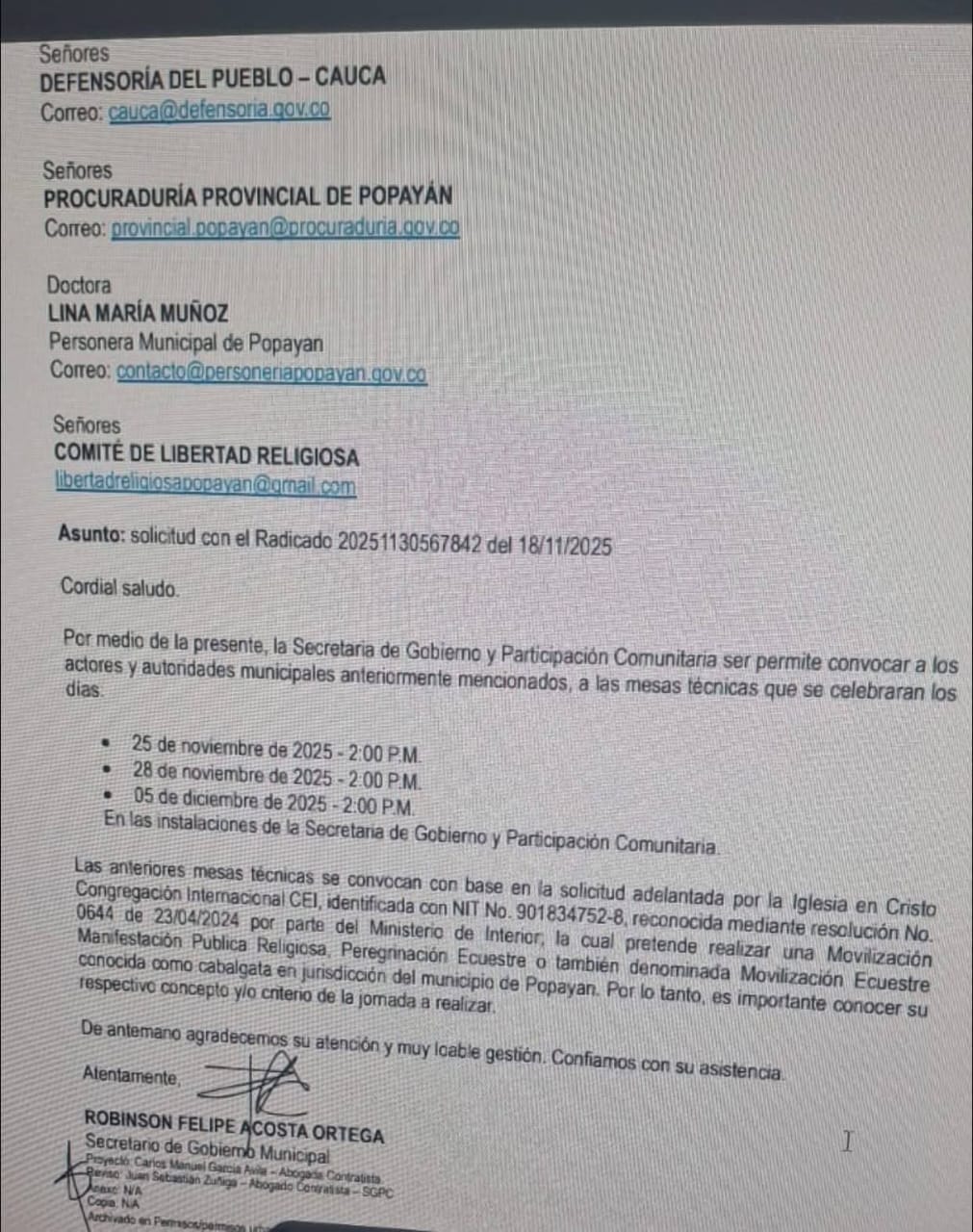 Secretaría de Gobierno convoca mesas técnicas para evaluar solicitud de “Cabalgata Religiosa” en Popayán