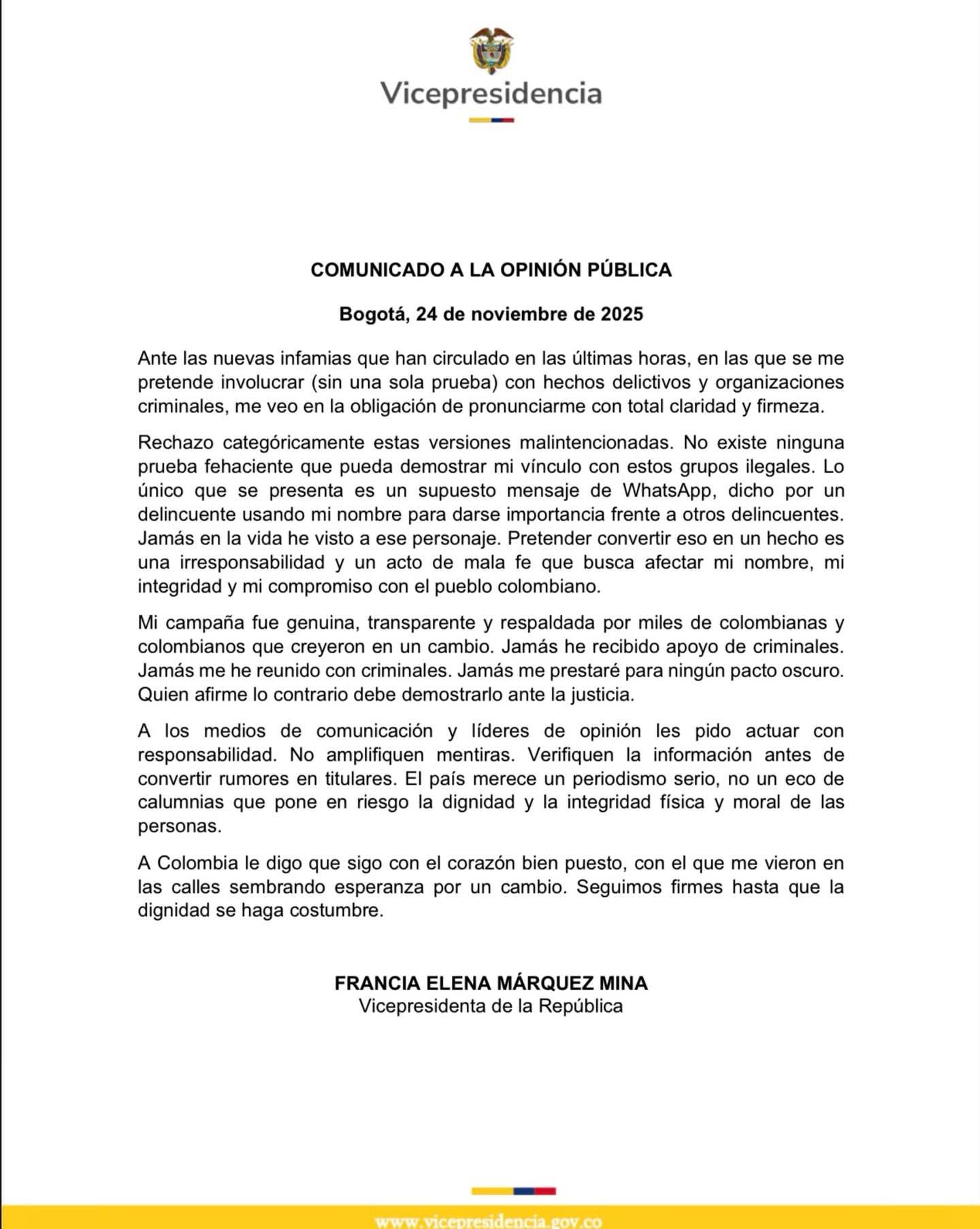 Francia Márquez califica de "infamias" los supuestos vínculos con organizaciones criminales