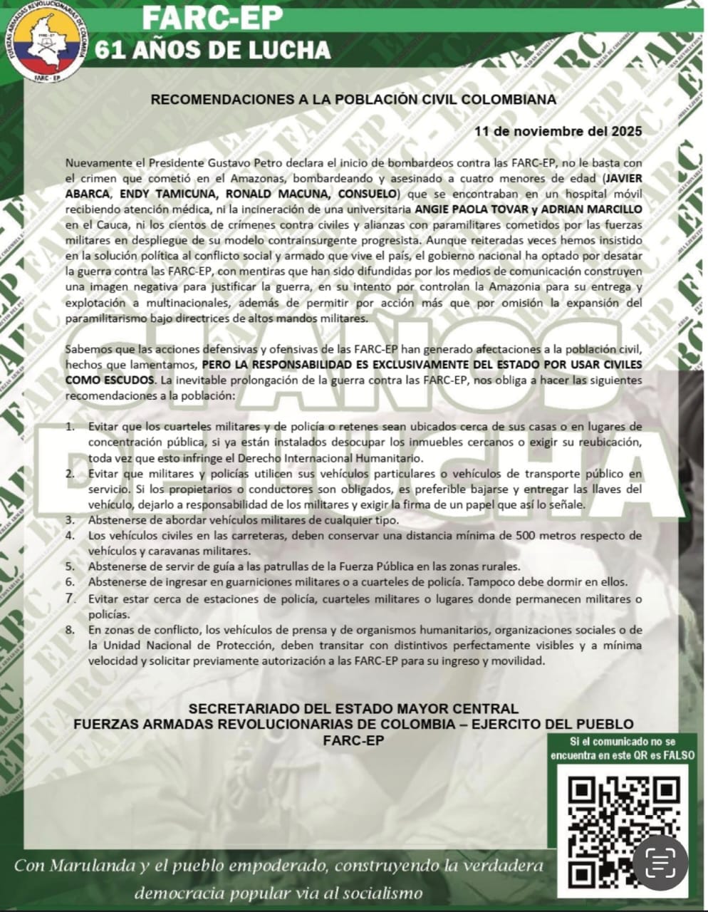 Nuevo comunicado atribuido a las FARC-EP circula en el Cauca con mensajes a la población civil