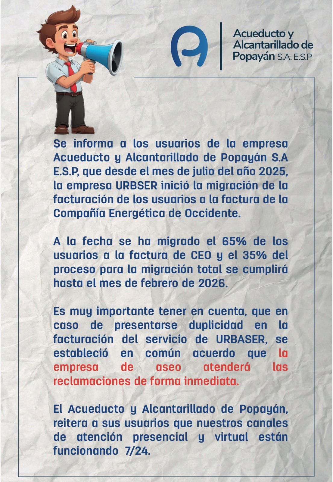 AAPSA avanza en la migración de facturación de URBASER a la factura de CEO en Popayán