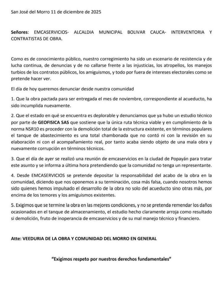 Comunidad de San José del Morro exige demolición de tanque de acueducto por graves fallas estructurales