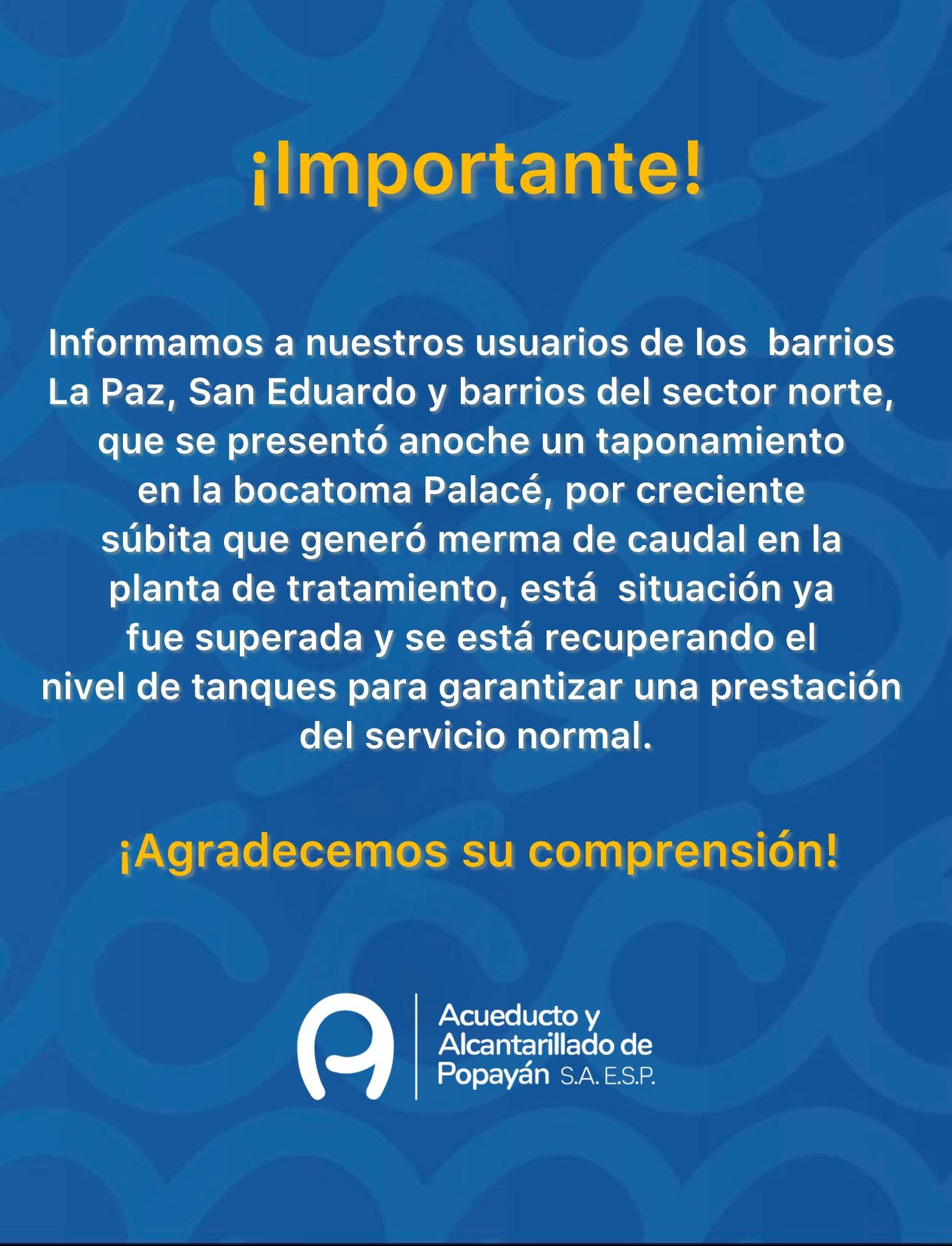 Acueducto de Popayán estabiliza el servicio de agua en el norte tras contingencia en la bocatoma Palacé